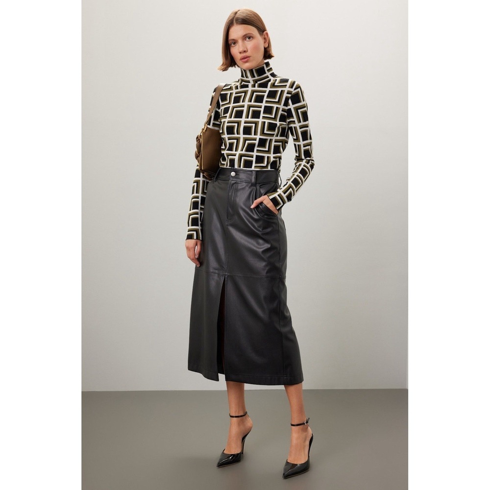 Saunders Collective x RTR Black Faux Leather Midi Skirt Size 2 Front‎ Slit